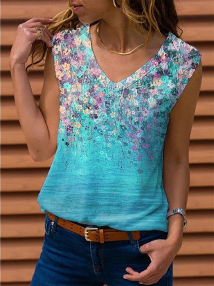 2021 Spring V-neck Printed Sleeveless Vest for women, showcasing a stylish design and vibrant print, perfect for warm weather.