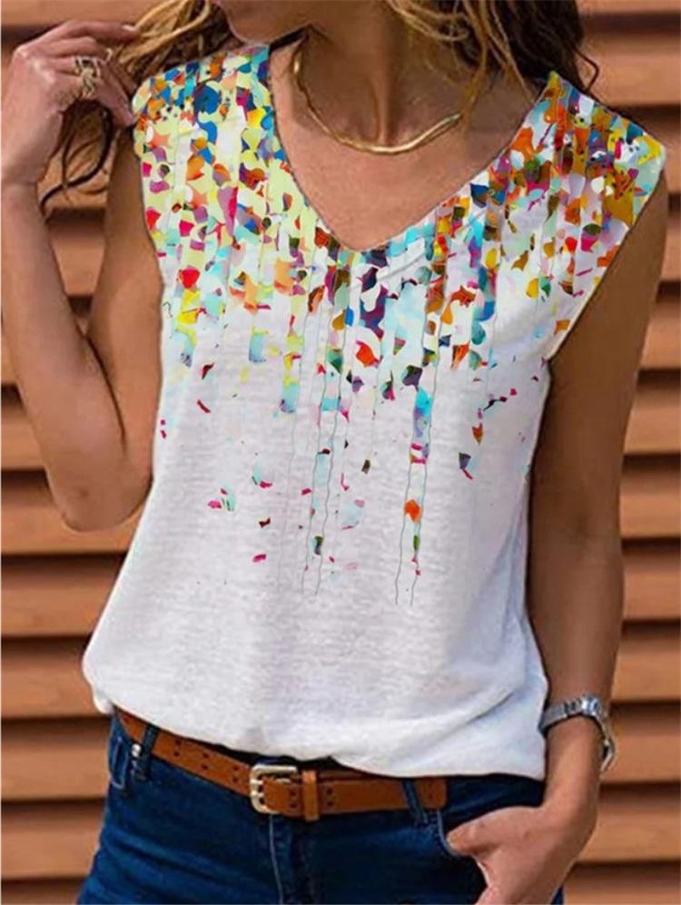 2021 Spring V-neck Printed Sleeveless Vest for women, showcasing a stylish design and vibrant print, perfect for warm weather.