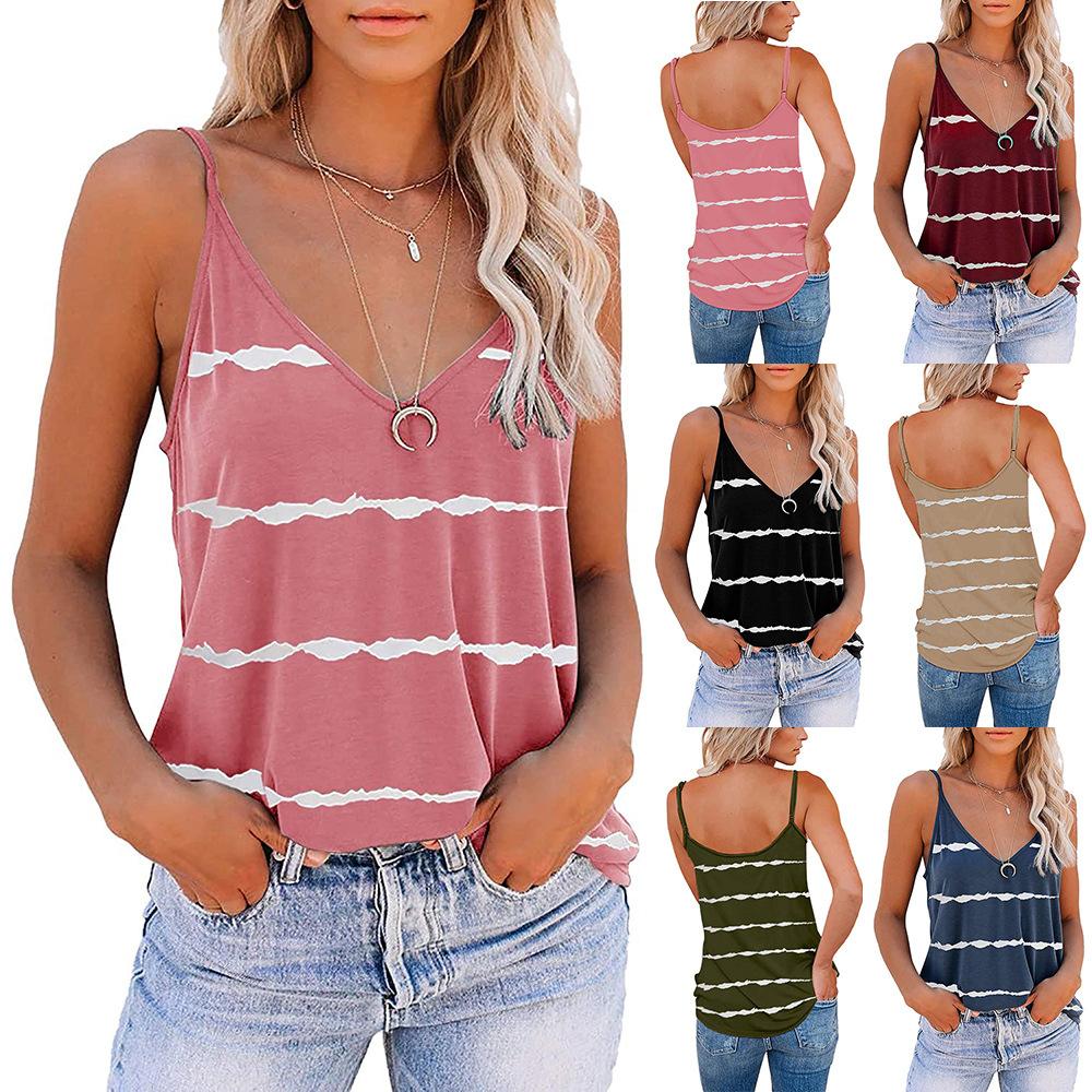 2021 Summer New Women Sexy Sleeveless Camisole in striped pattern with V-neck design, perfect for summer fashion.