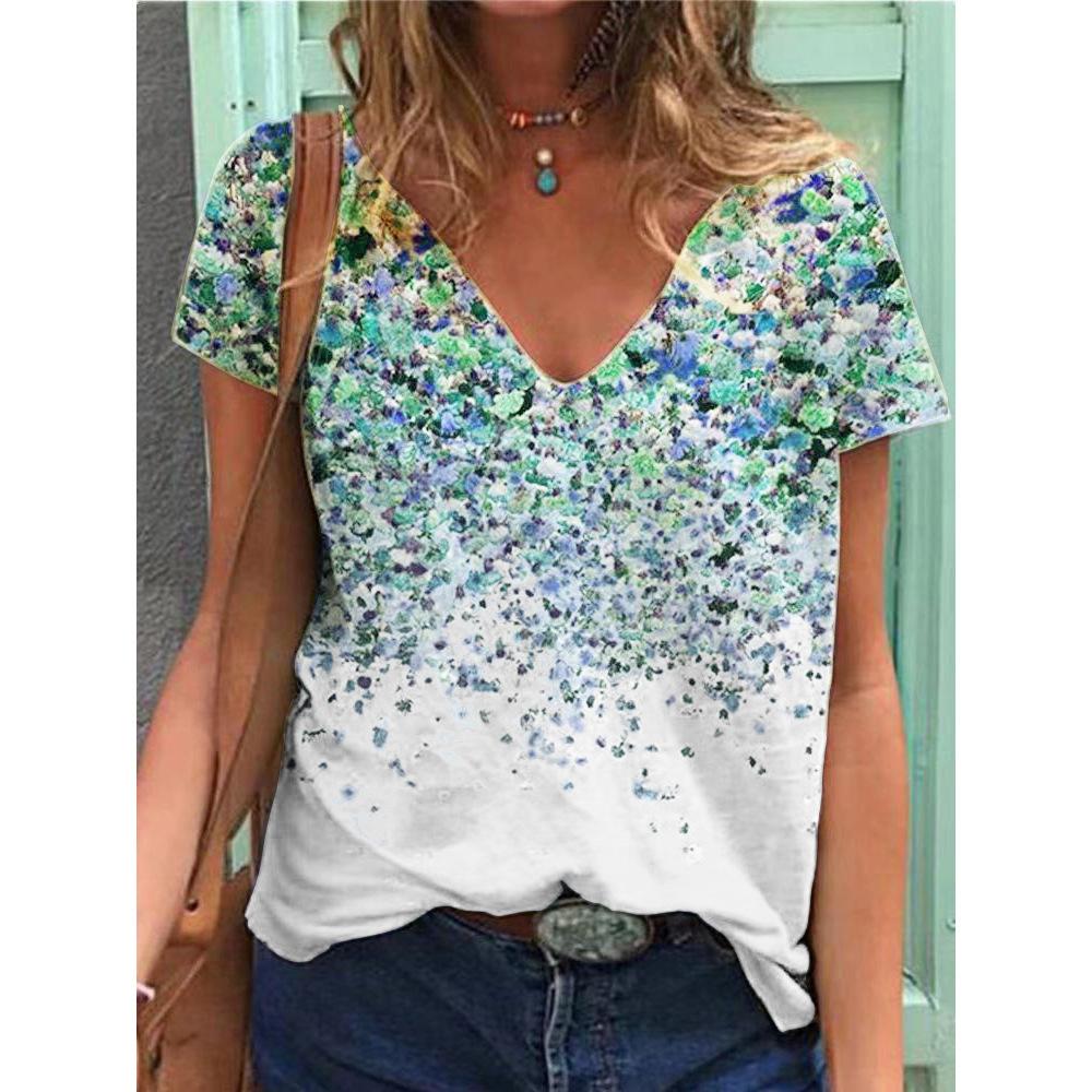 2021 Summer V-neck Printed Women Top T-shirt in cotton, featuring short sleeves and trendy patterns, perfect for casual summer wear.