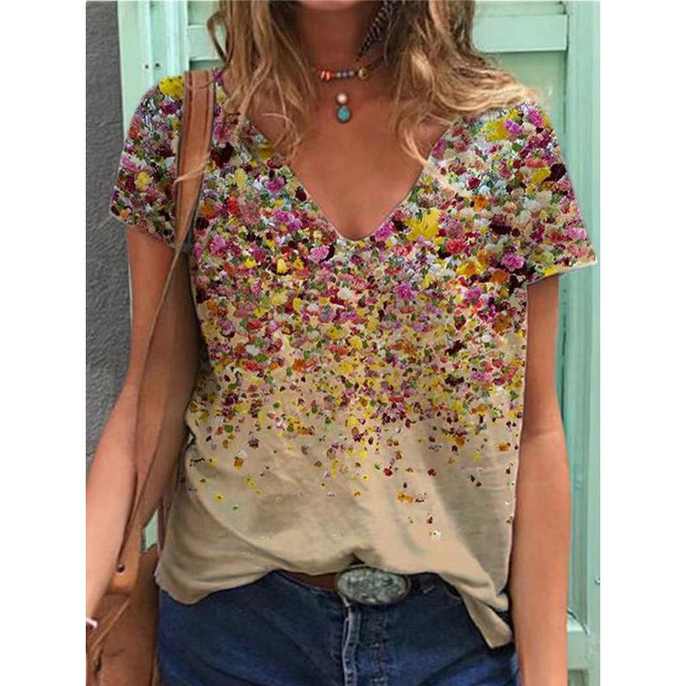 2021 Summer V-neck Printed Women Top T-shirt in cotton, featuring short sleeves and trendy patterns, perfect for casual summer wear.