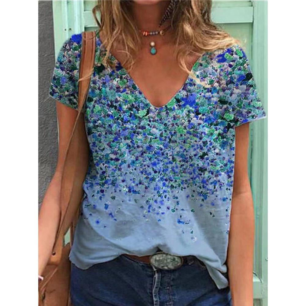 2021 Summer V-neck Printed Women Top T-shirt in cotton, featuring short sleeves and trendy patterns, perfect for casual summer wear.