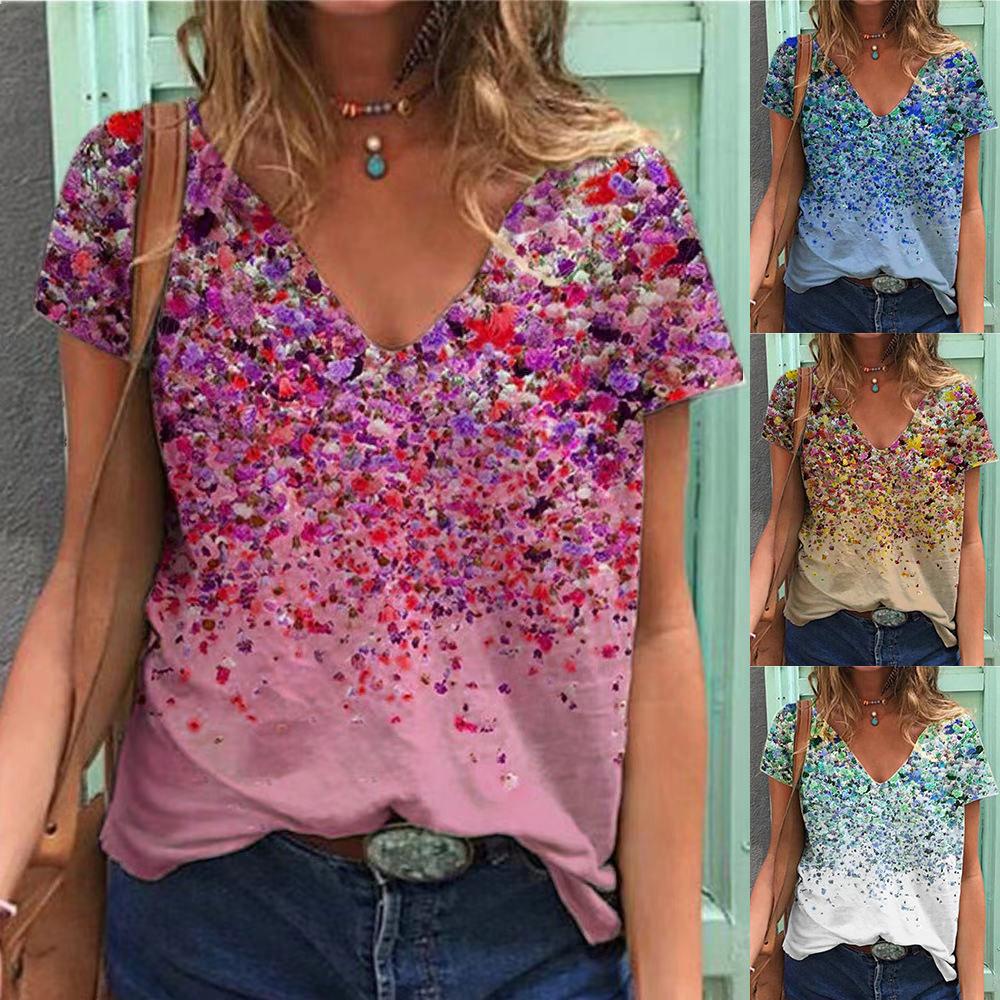 2021 Summer V-neck Printed Women Top T-shirt in cotton, featuring short sleeves and trendy patterns, perfect for casual summer wear.