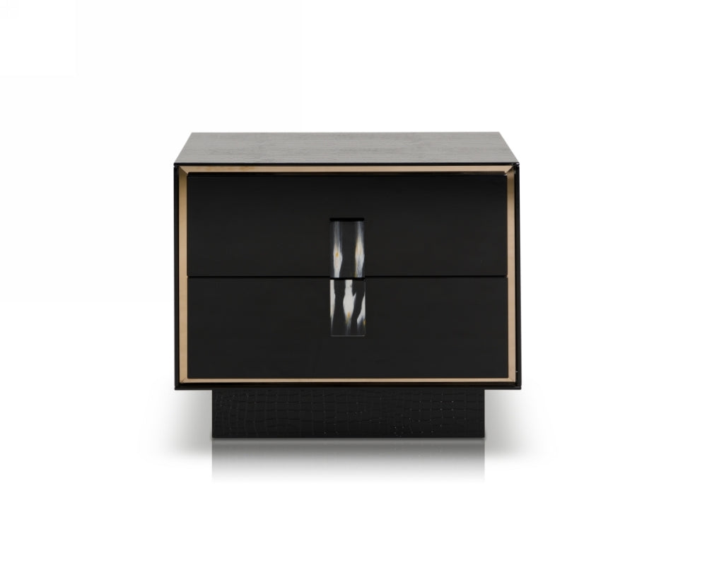 21-inch black MDF and steel nightstand with two drawers, showcasing modern design and ample storage space.