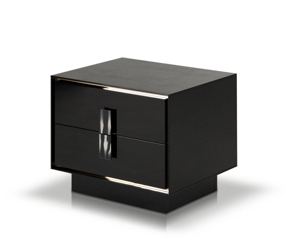 21-inch black MDF and steel nightstand with two drawers, showcasing modern design and ample storage space.