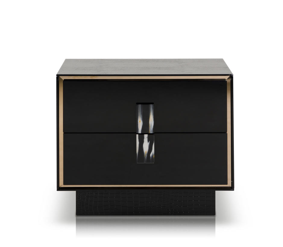 21-inch black MDF and steel nightstand with two drawers, showcasing modern design and ample storage space.