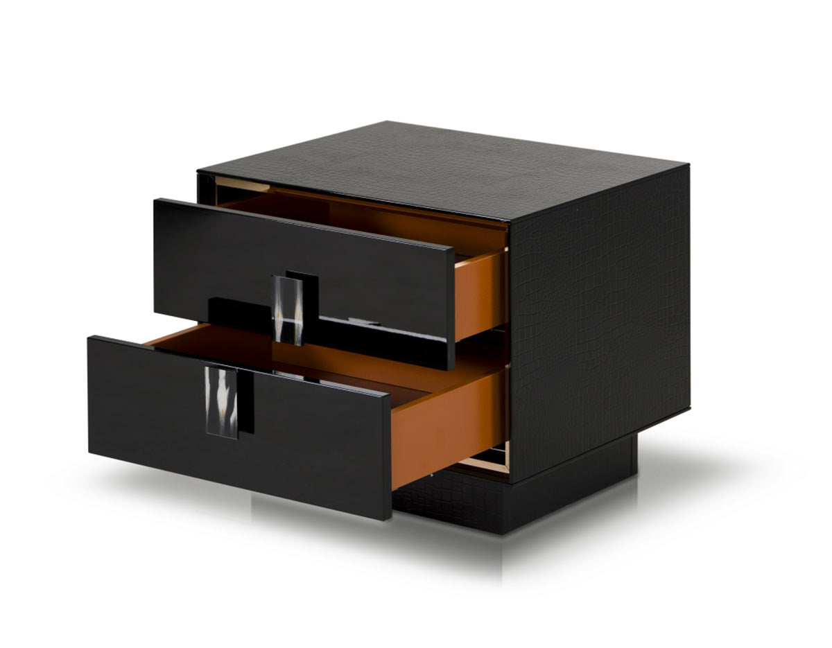 21-inch black MDF and steel nightstand with two drawers, showcasing modern design and ample storage space.