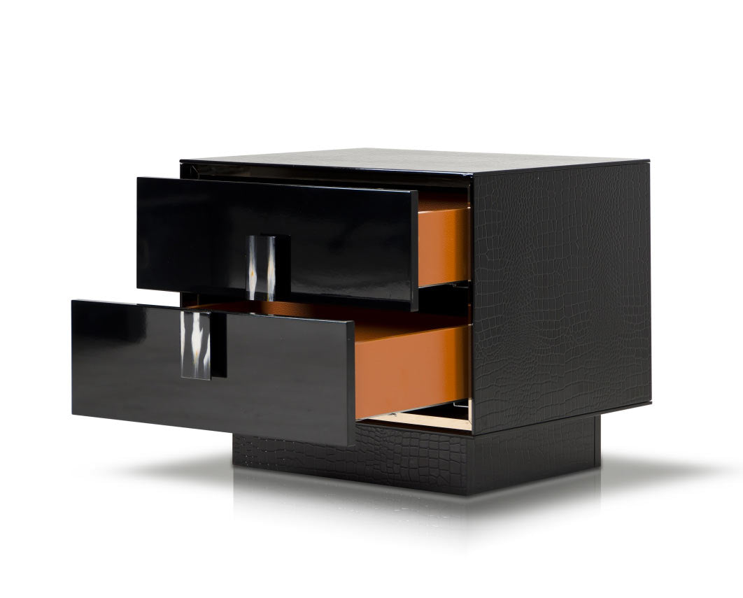 21-inch black MDF and steel nightstand with two drawers, showcasing modern design and ample storage space.