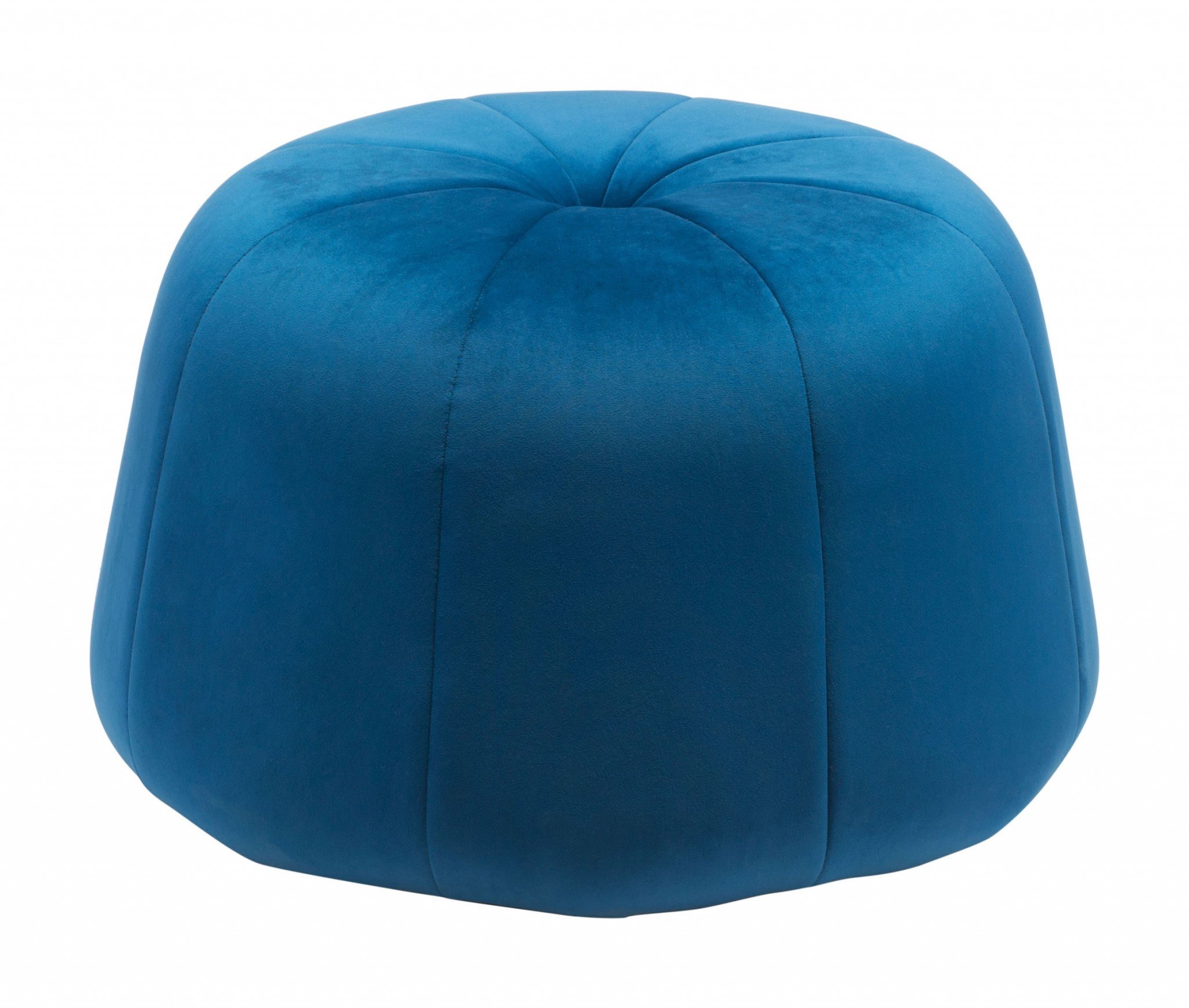 A stylish blue velvet ottoman with a tapered pouf design and decorative button tufting, perfect for living rooms or bedrooms.