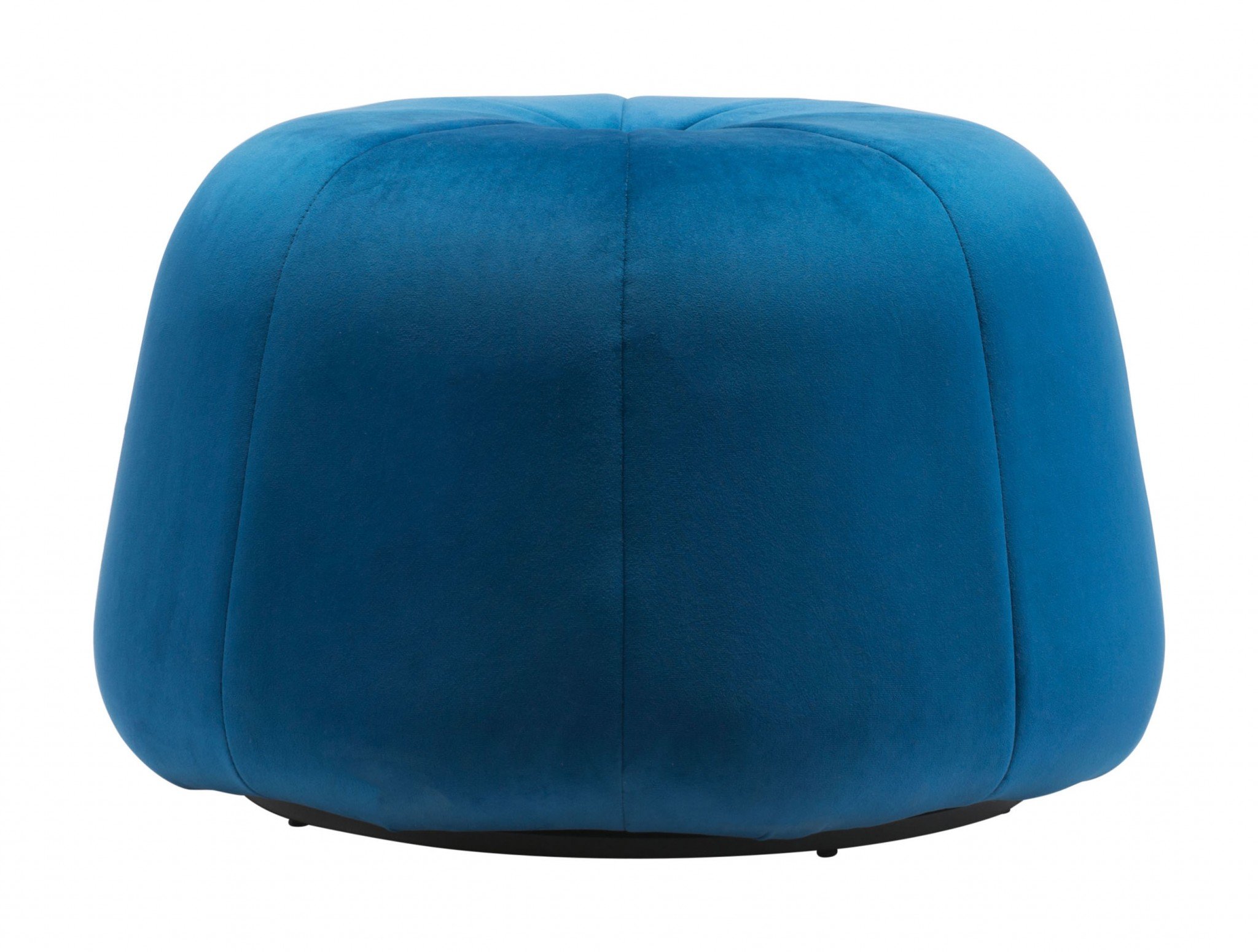 A stylish blue velvet ottoman with a tapered pouf design and decorative button tufting, perfect for living rooms or bedrooms.