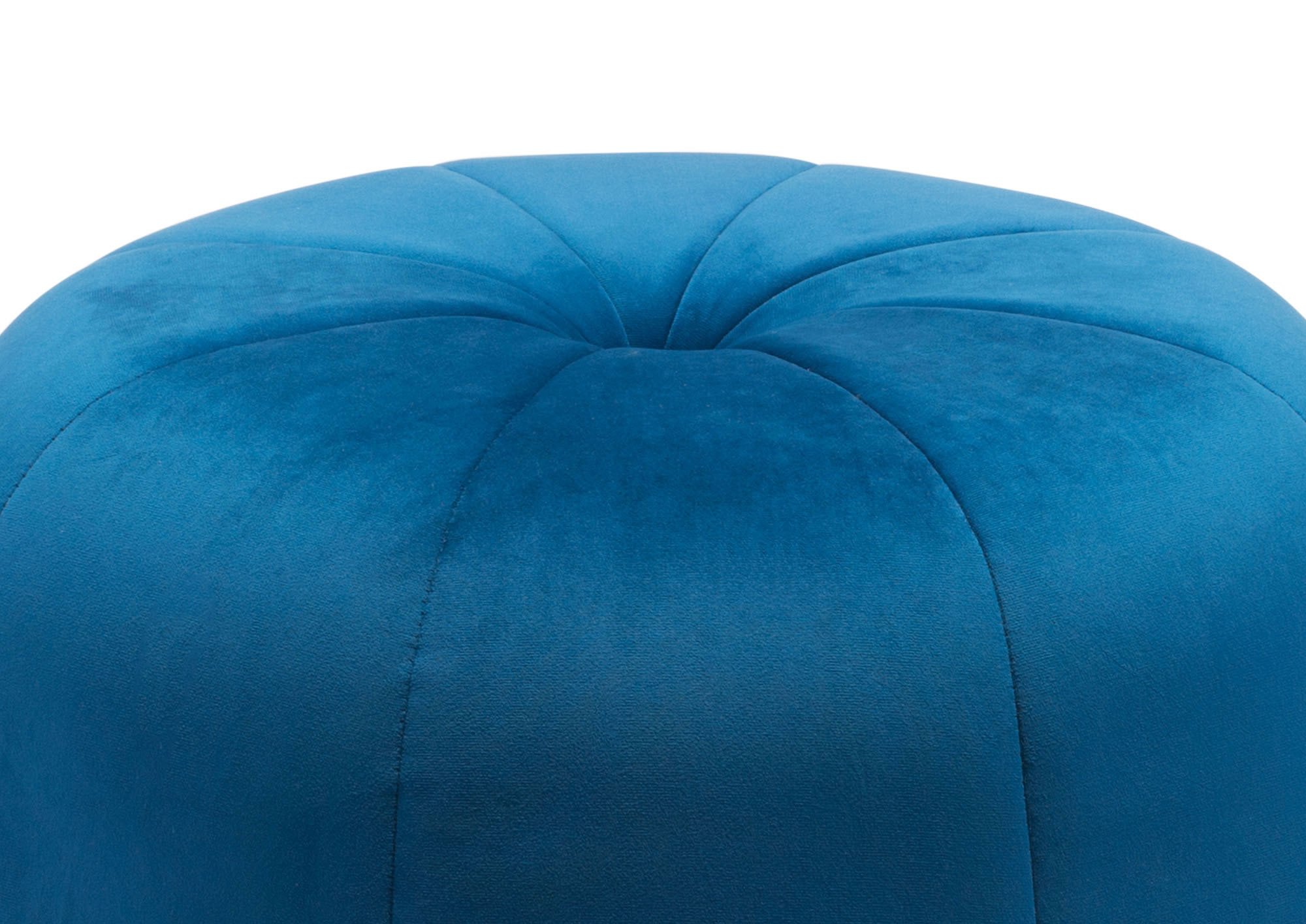 A stylish blue velvet ottoman with a tapered pouf design and decorative button tufting, perfect for living rooms or bedrooms.