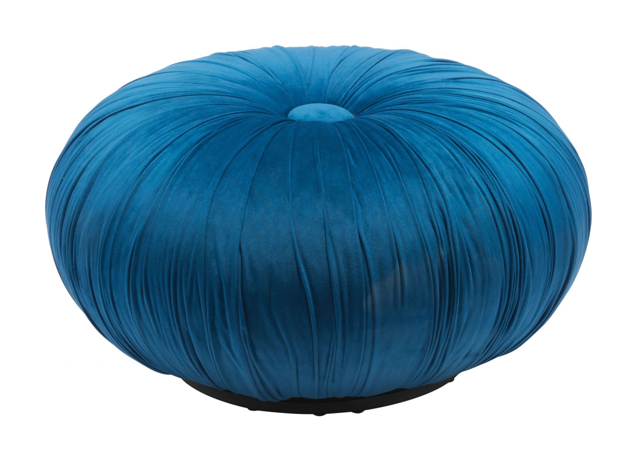 A stylish blue velvet ottoman with a round wooden base and button tuft design, perfect for seating or decoration.