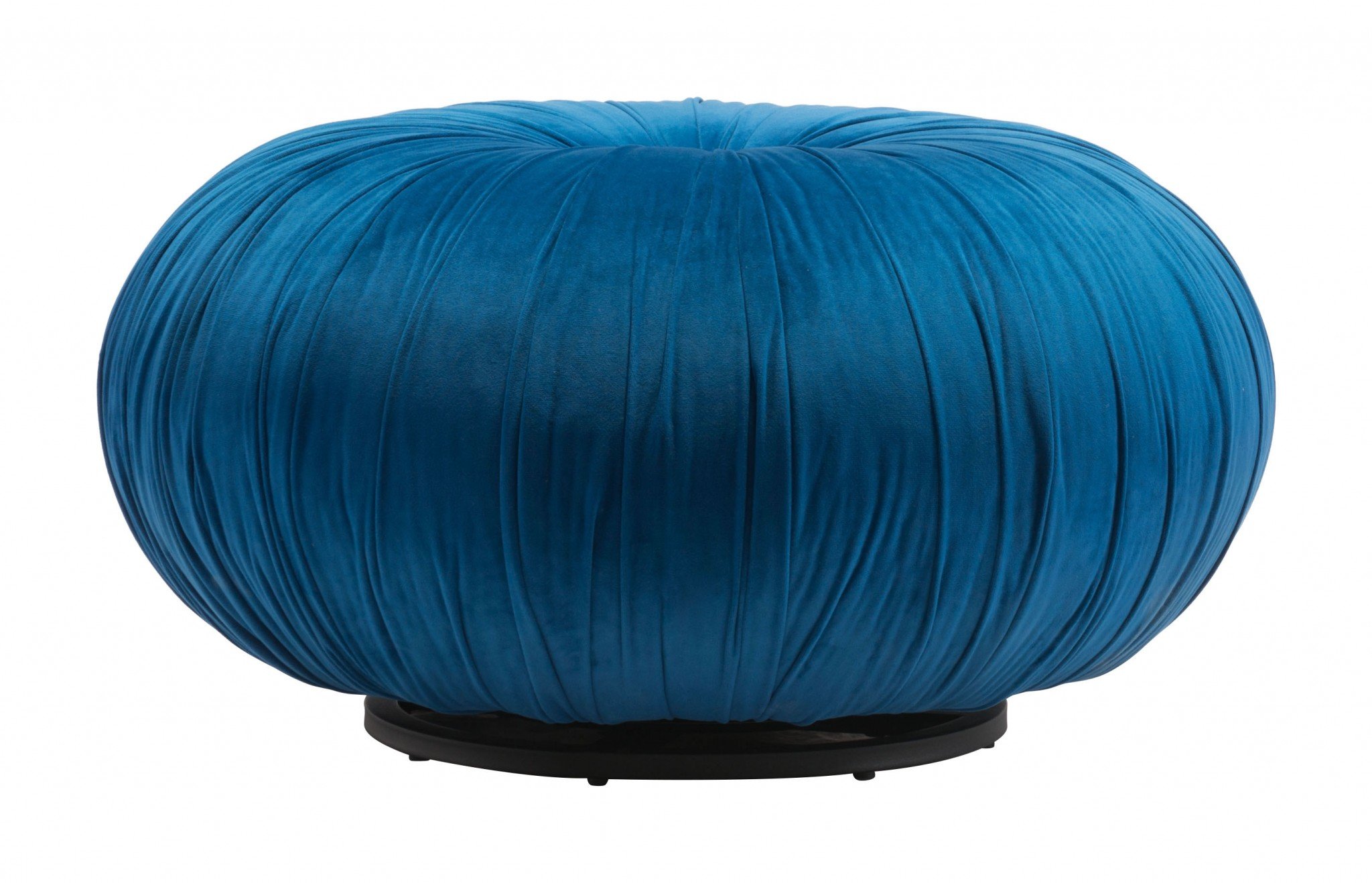 A stylish blue velvet ottoman with a round wooden base and button tuft design, perfect for seating or decoration.