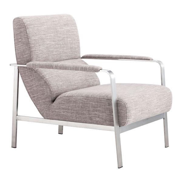 A stylish 26" Wheat Polyblend Arm Chair featuring a sturdy brushed stainless steel frame and lush rolling cushions, perfect for modern decor.