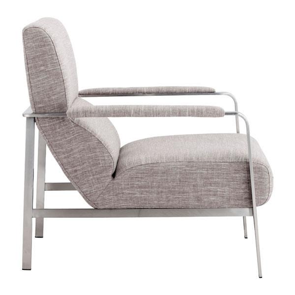 A stylish 26" Wheat Polyblend Arm Chair featuring a sturdy brushed stainless steel frame and lush rolling cushions, perfect for modern decor.