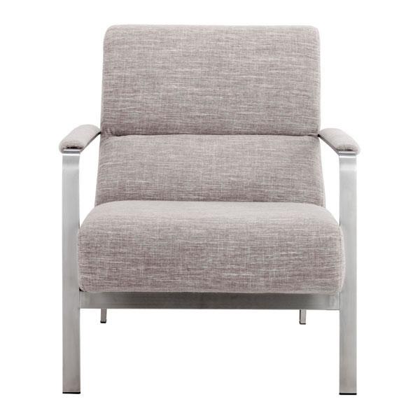 A stylish 26" Wheat Polyblend Arm Chair featuring a sturdy brushed stainless steel frame and lush rolling cushions, perfect for modern decor.