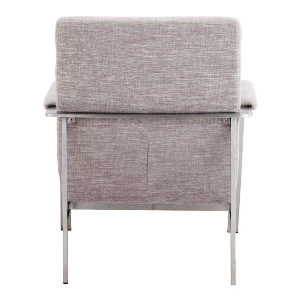 A stylish 26" Wheat Polyblend Arm Chair featuring a sturdy brushed stainless steel frame and lush rolling cushions, perfect for modern decor.