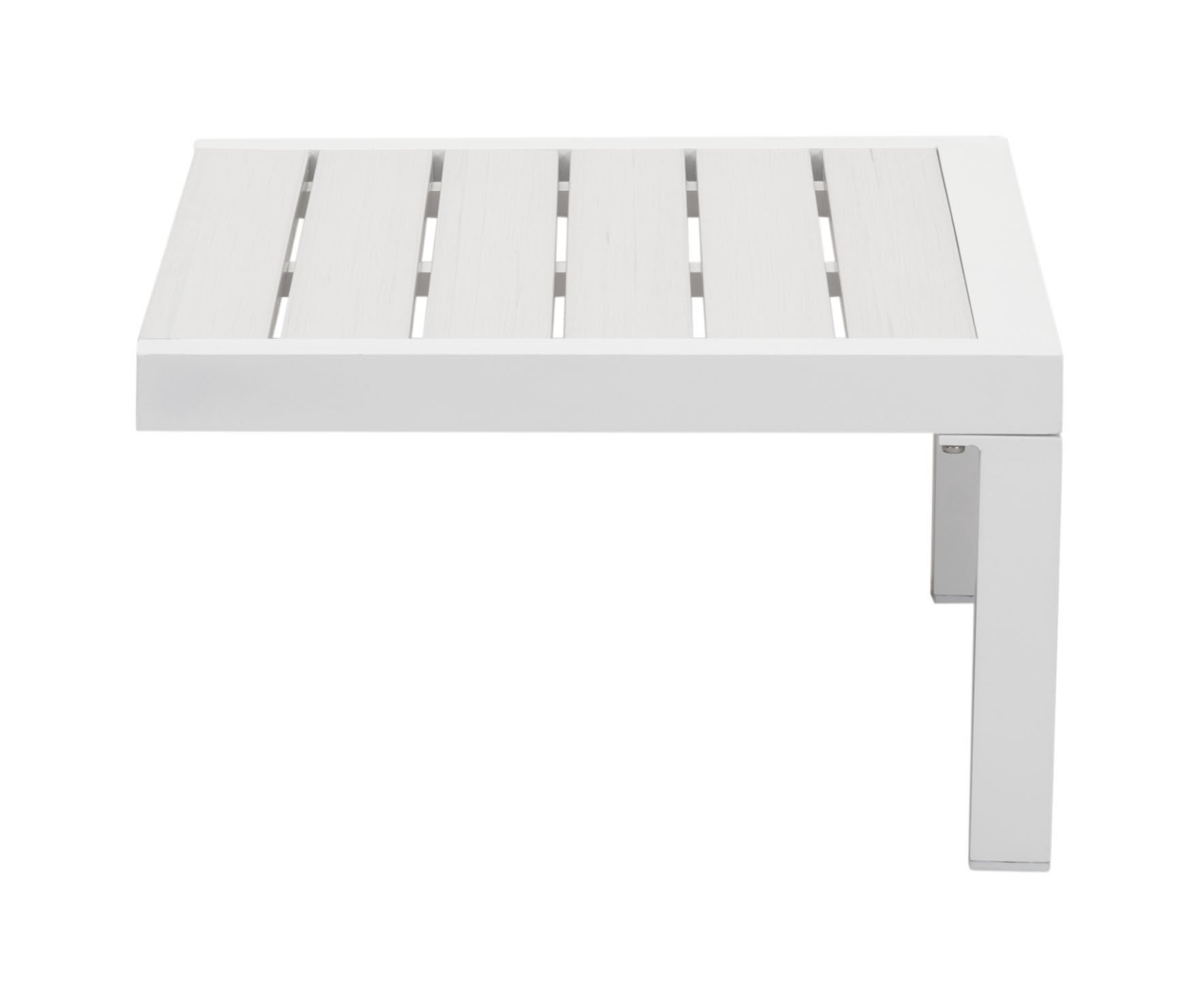 A stylish 28" x 18.1" white side table made of polyresin and powder-coated aluminum, perfect for drinks and books.