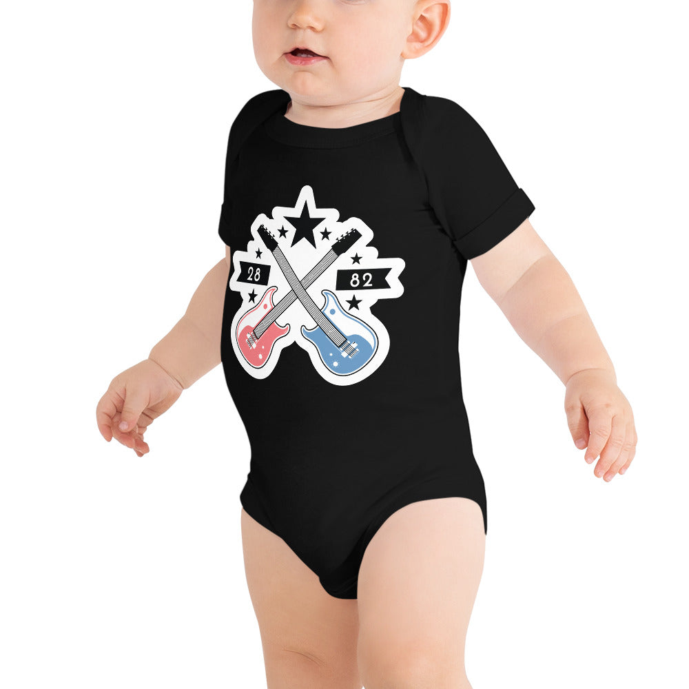 A stylish baby short sleeve one piece featuring a classic rock print with an electric guitar design, made from soft cotton.