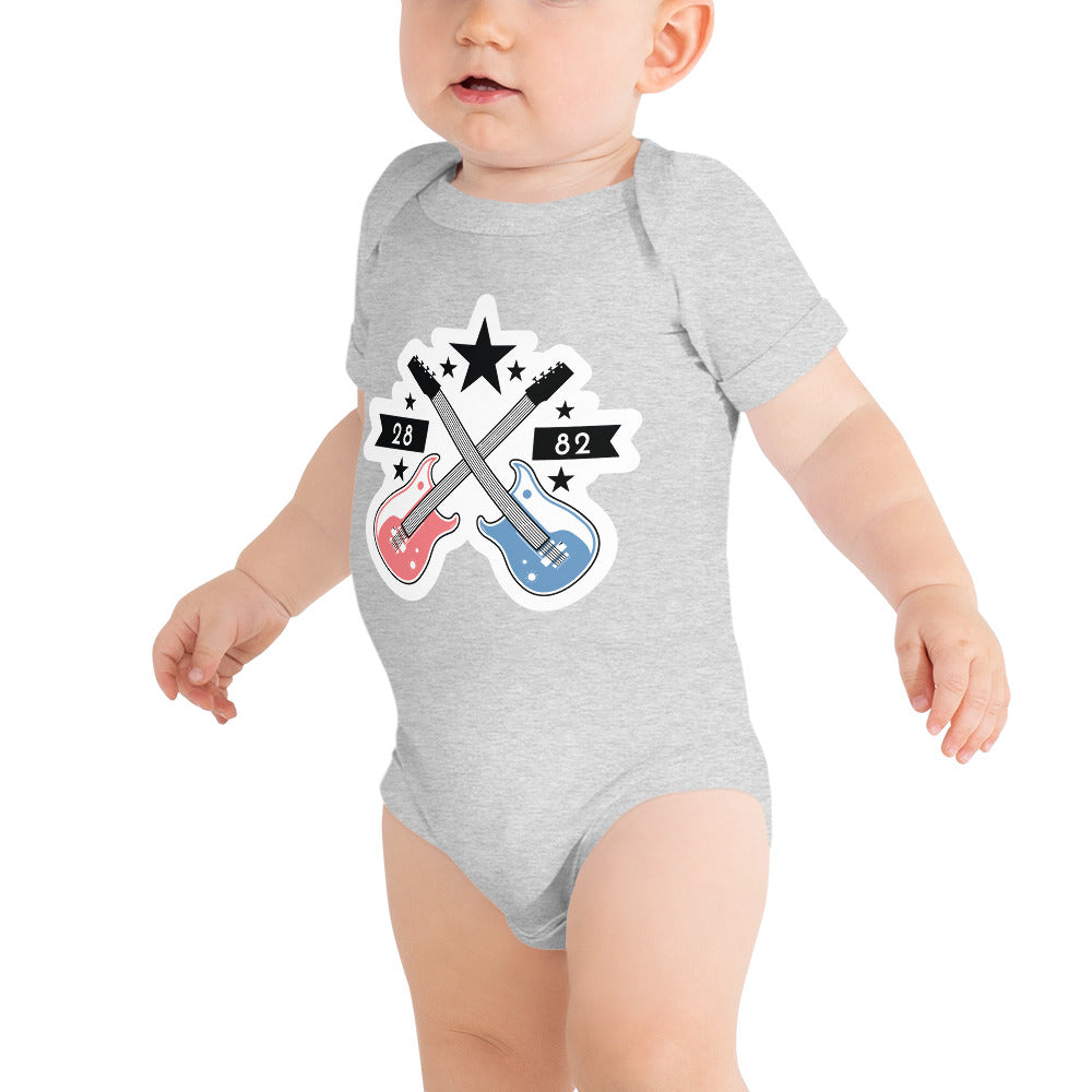 A stylish baby short sleeve one piece featuring a classic rock print with an electric guitar design, made from soft cotton.