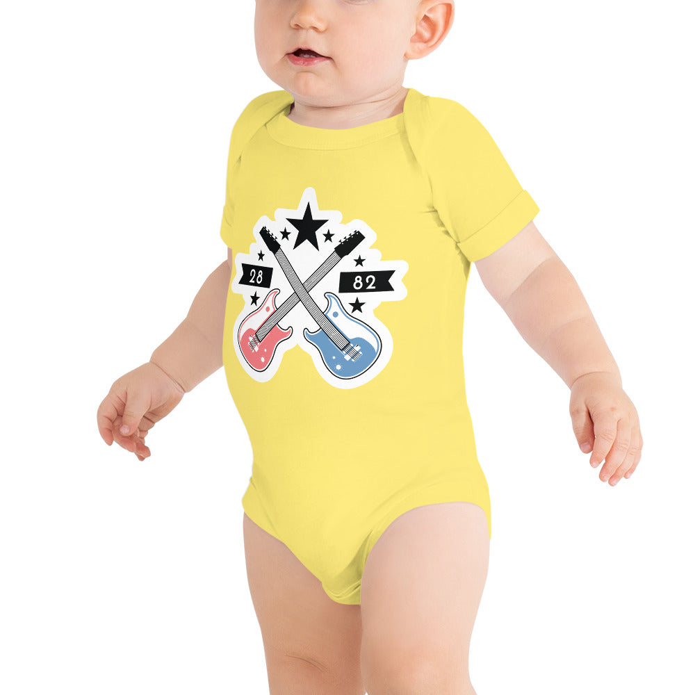 A stylish baby short sleeve one piece featuring a classic rock print with an electric guitar design, made from soft cotton.