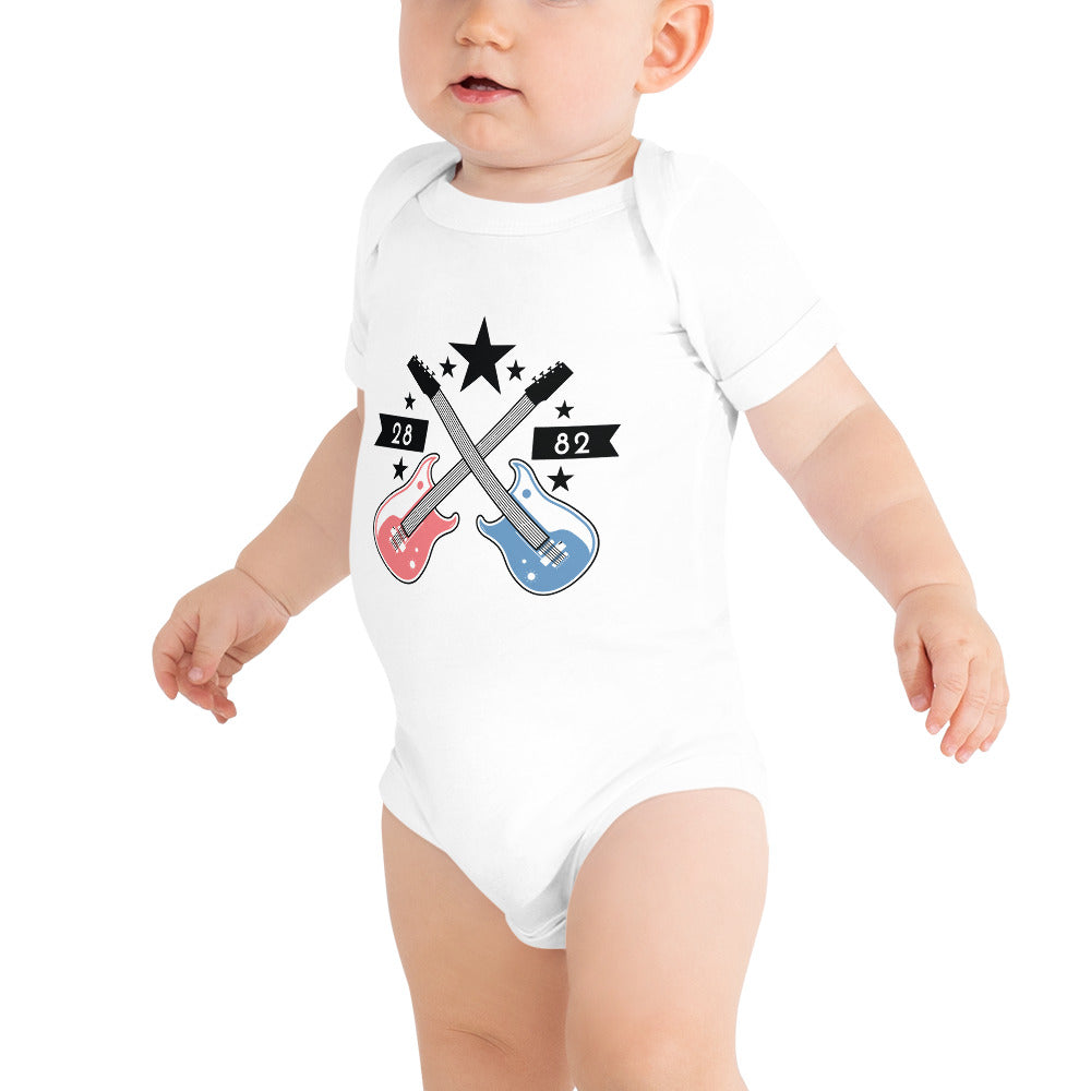 A stylish baby short sleeve one piece featuring a classic rock print with an electric guitar design, made from soft cotton.