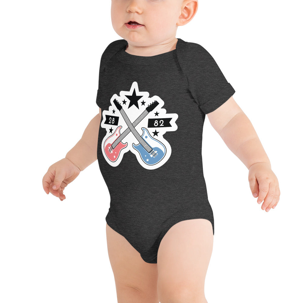 A stylish baby short sleeve one piece featuring a classic rock print with an electric guitar design, made from soft cotton.