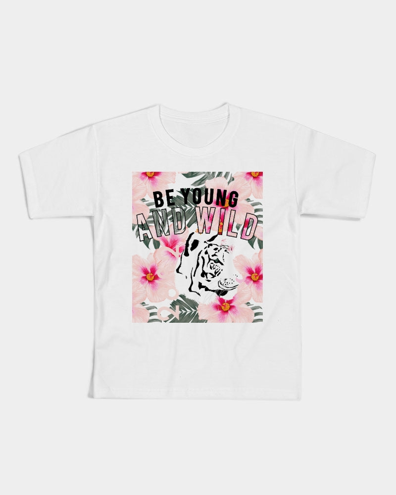 Kids graphic tee featuring a vibrant white tiger design with the slogan 'Be Young + Wild', made from soft breathable cotton.