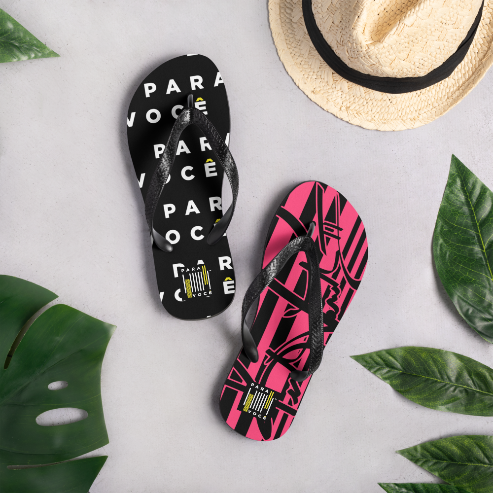 A pair of 2882Sport™ Black & Wild Berry Flip-Flops featuring a rubber sole, customizable fabric lining, and black Y-shaped straps.