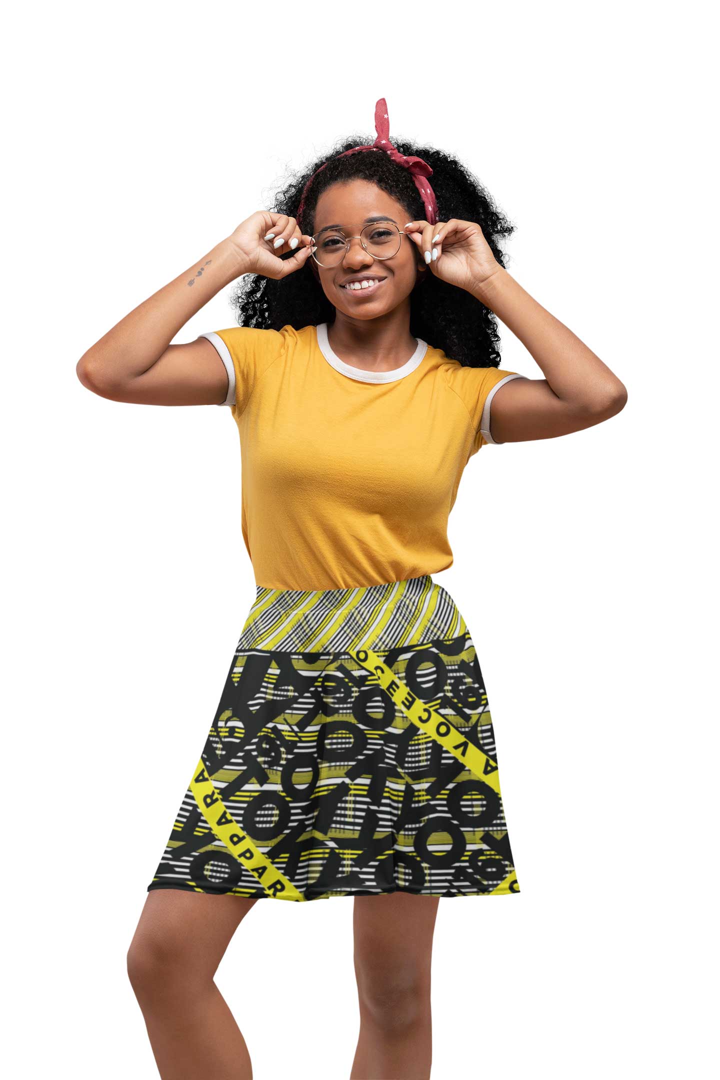 2882Sport™ Dark Academia Plaid Skater Skirt featuring a vibrant yellow plaid pattern, flirty skater silhouette, and soft fabric for comfort.