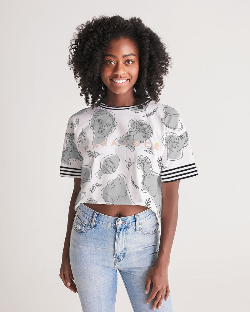 2882Sport Greeky Prepster Women's Lounge Cropped Tee featuring a modern preppy design with dropped shoulders and a raw-cut hem.