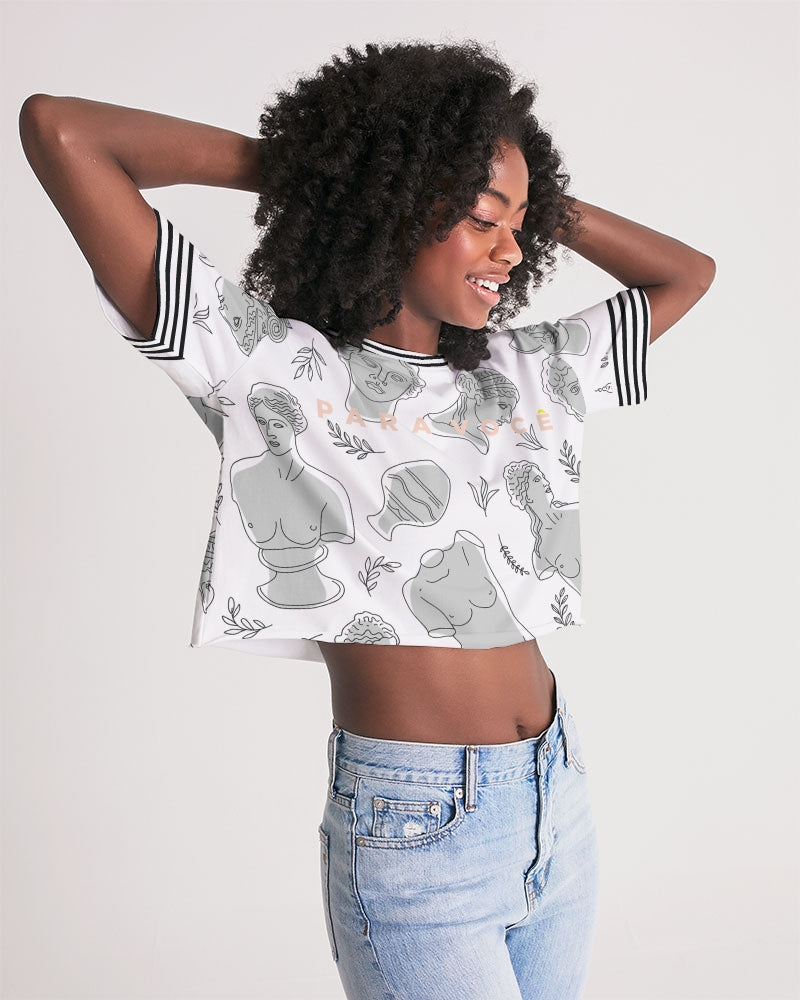 2882Sport Greeky Prepster Women's Lounge Cropped Tee featuring a modern preppy design with dropped shoulders and a raw-cut hem.