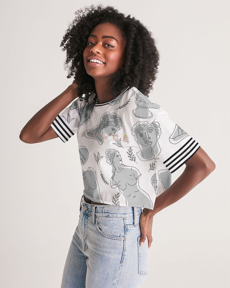 2882Sport Greeky Prepster Women's Lounge Cropped Tee featuring a modern preppy design with dropped shoulders and a raw-cut hem.