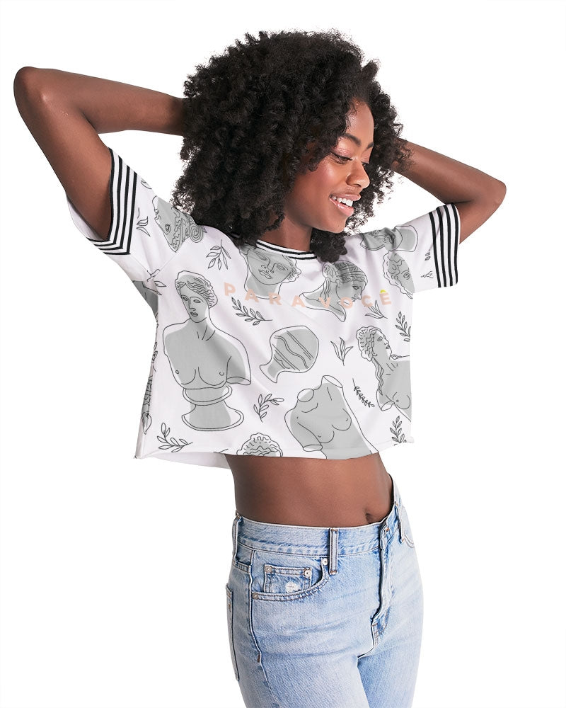 2882Sport Greeky Prepster Women's Lounge Cropped Tee featuring a modern preppy design with dropped shoulders and a raw-cut hem.