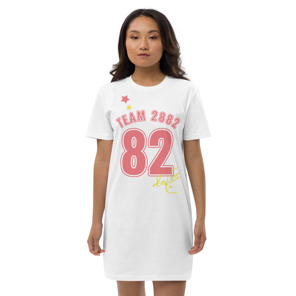 A stylish 2882Sport™ TEAM 82 Organic Cotton T-Shirt Dress displayed on a mannequin, showcasing its comfortable fit and organic fabric.