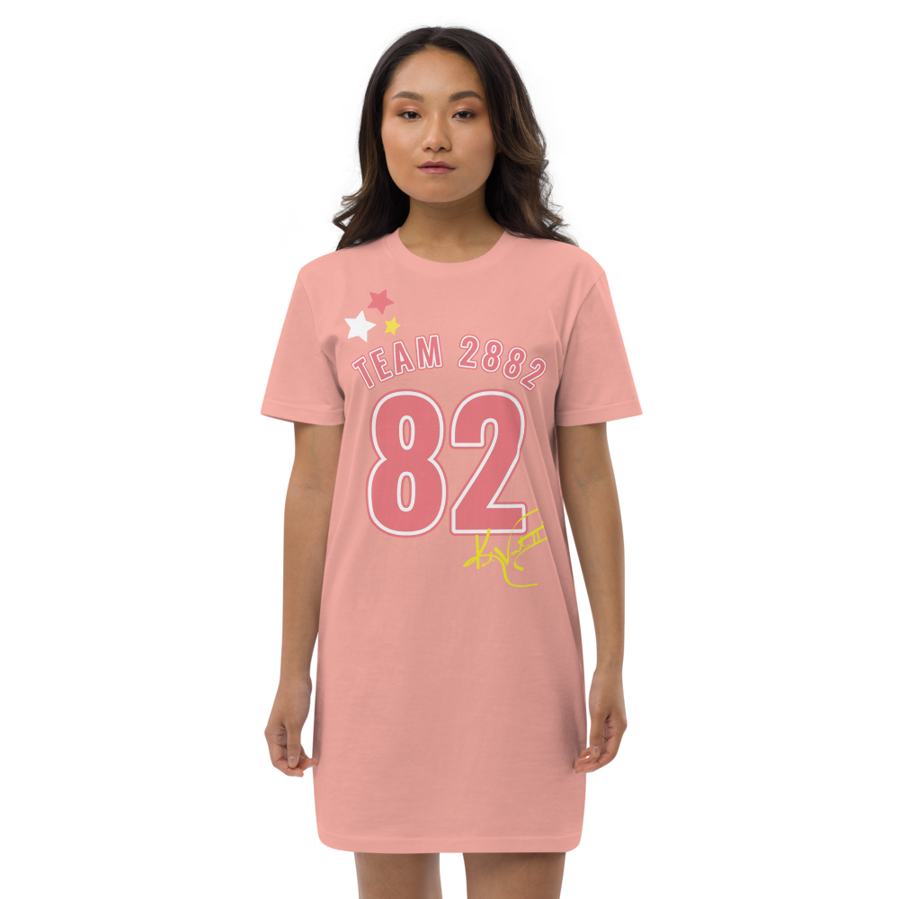 A stylish 2882Sport™ TEAM 82 Organic Cotton T-Shirt Dress displayed on a mannequin, showcasing its comfortable fit and organic fabric.