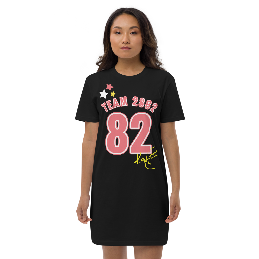 A stylish 2882Sport™ TEAM 82 Organic Cotton T-Shirt Dress displayed on a mannequin, showcasing its comfortable fit and organic fabric.