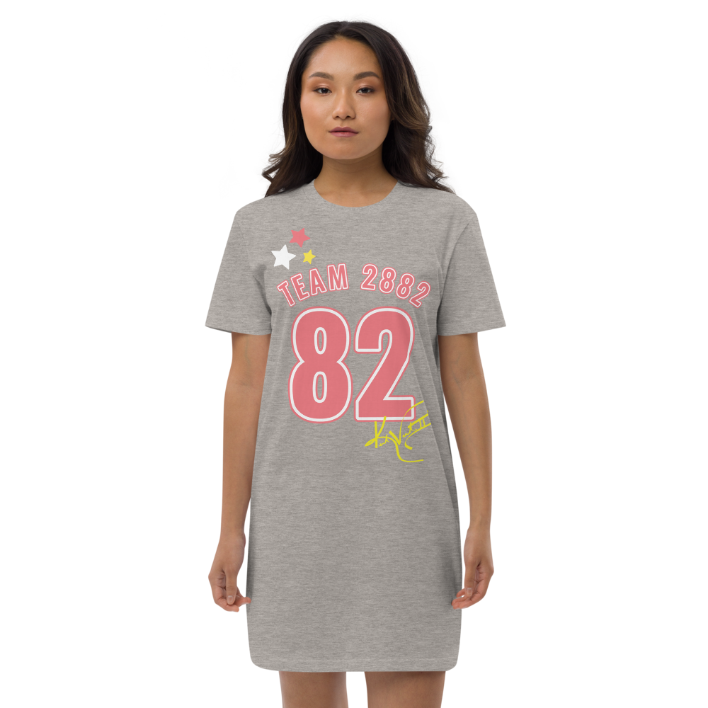 A stylish 2882Sport™ TEAM 82 Organic Cotton T-Shirt Dress displayed on a mannequin, showcasing its comfortable fit and organic fabric.