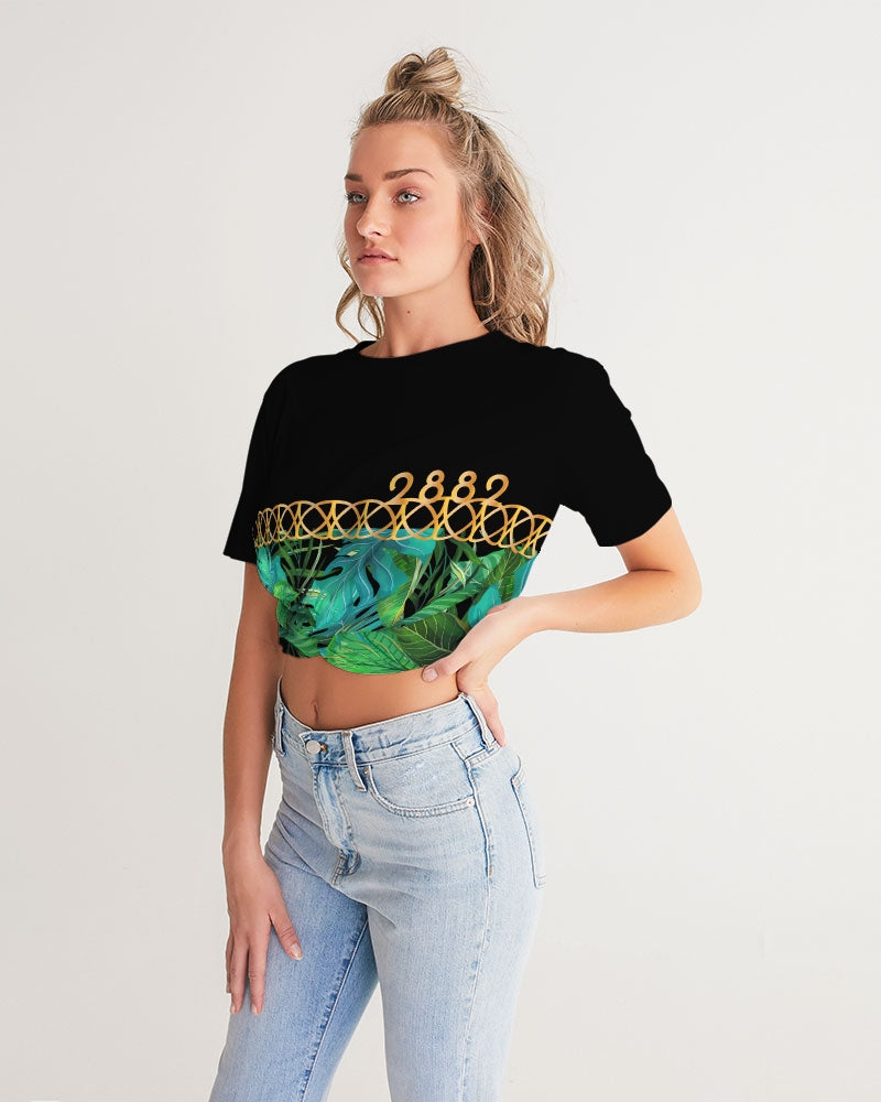 2882Sport Tropics Of OZ Twist-Front Cropped Tee featuring a vibrant animal print on a white background, designed for women.