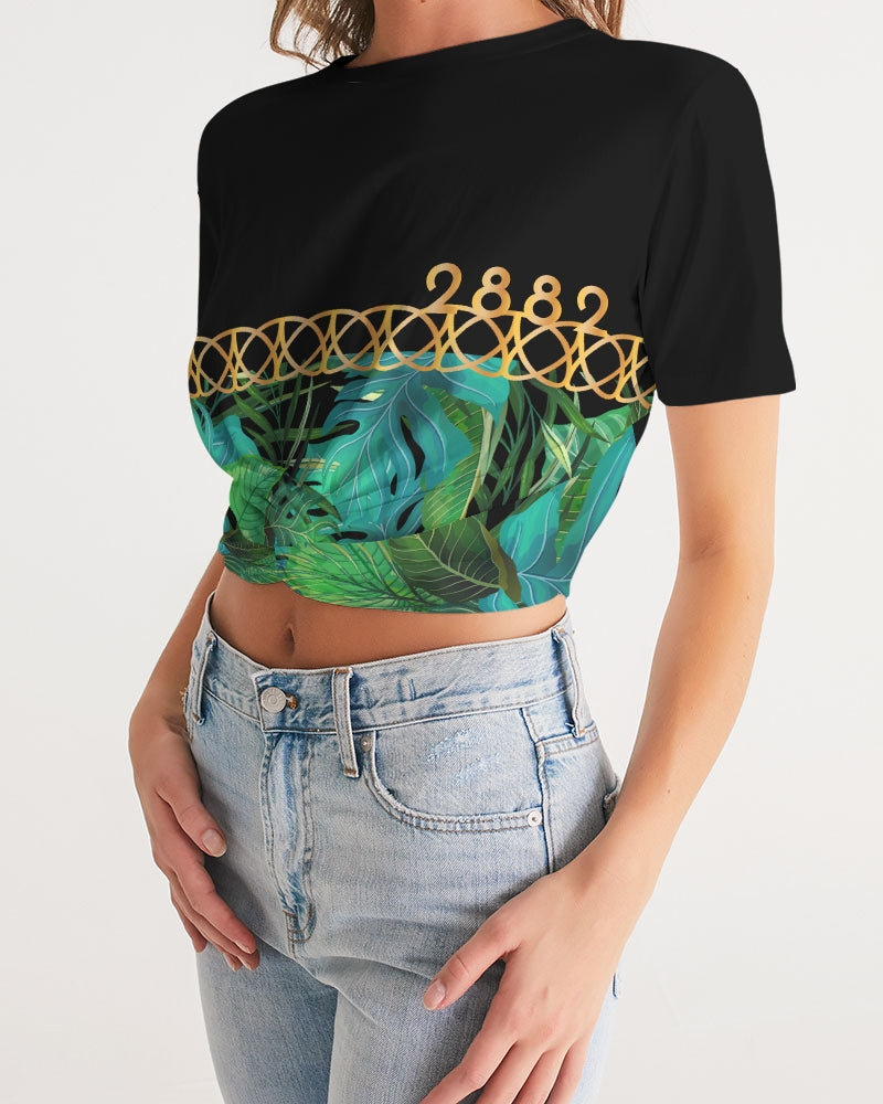 2882Sport Tropics Of OZ Twist-Front Cropped Tee featuring a vibrant animal print on a white background, designed for women.