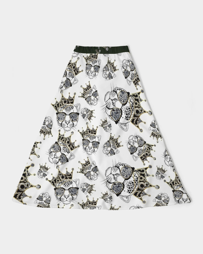 2882Sport™ Tropics Of OZ A-Line Midi Skirt featuring a vibrant lion print, thick waistband, and flowy chiffon fabric.