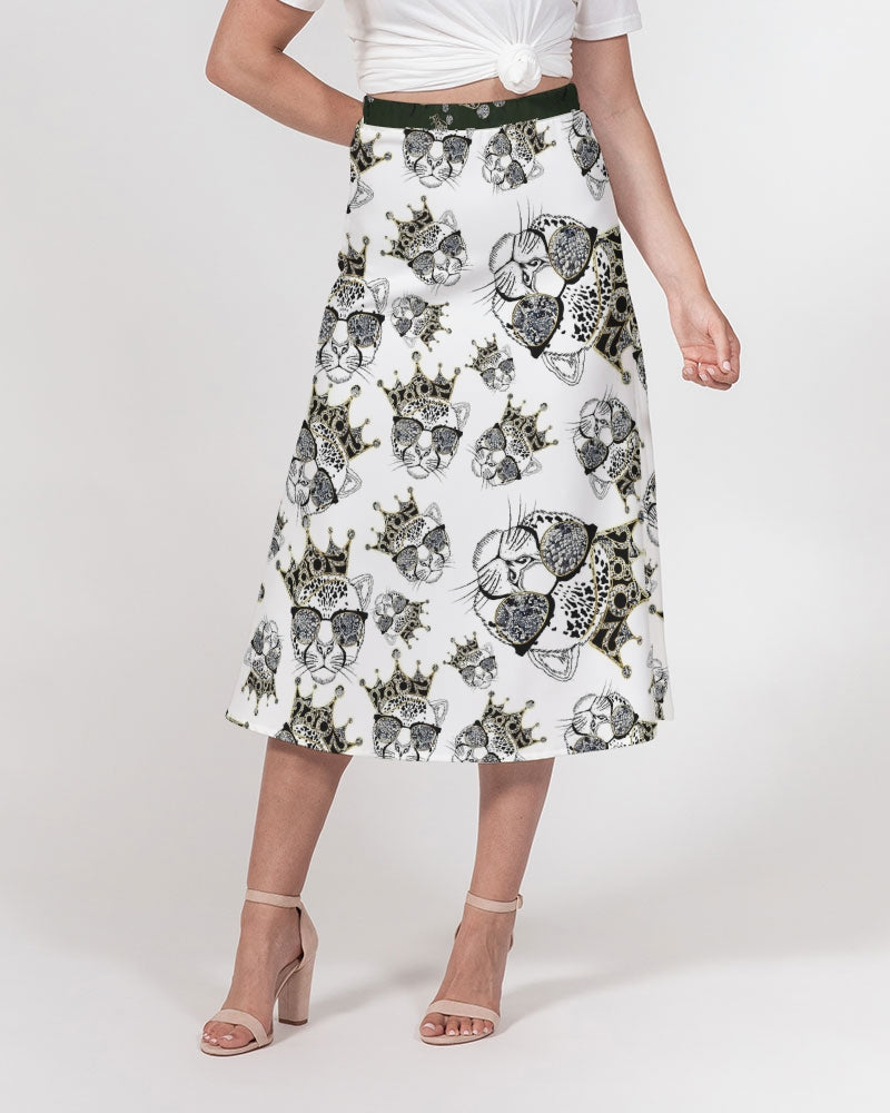 2882Sport™ Tropics Of OZ A-Line Midi Skirt featuring a vibrant lion print, thick waistband, and flowy chiffon fabric.