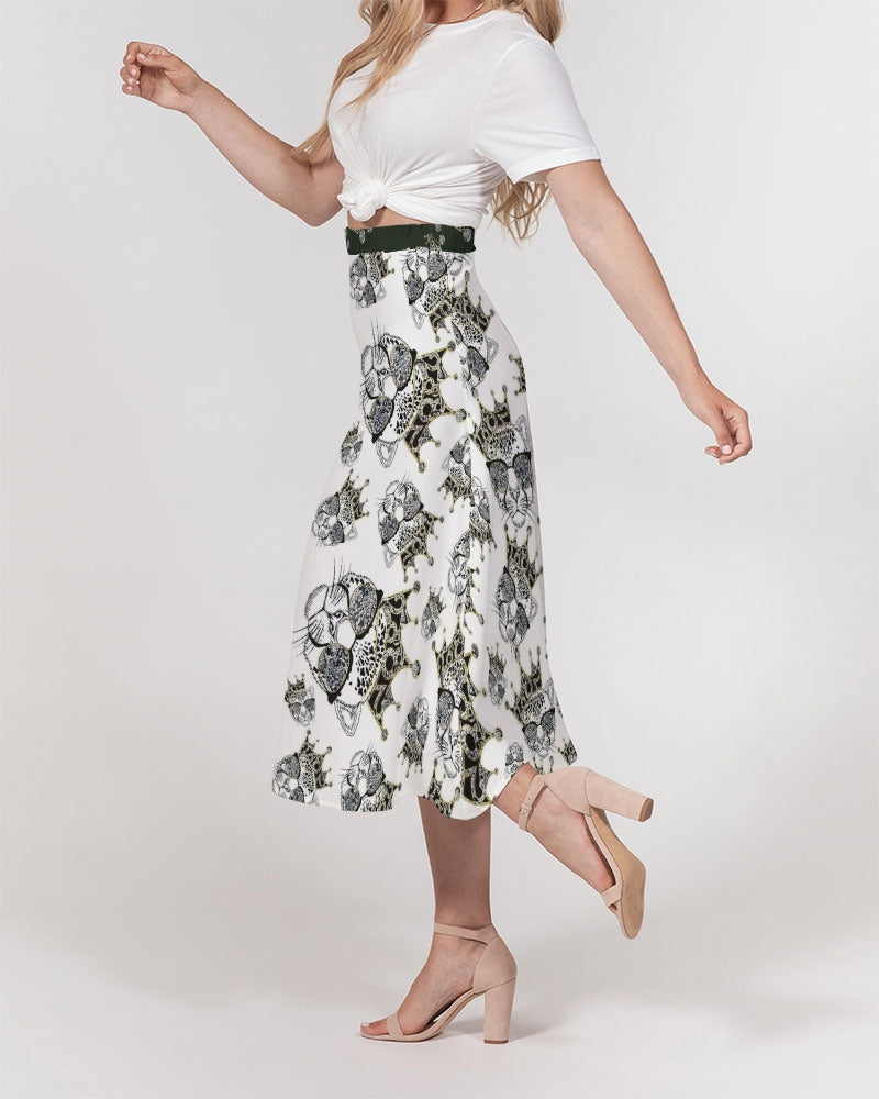 2882Sport™ Tropics Of OZ A-Line Midi Skirt featuring a vibrant lion print, thick waistband, and flowy chiffon fabric.