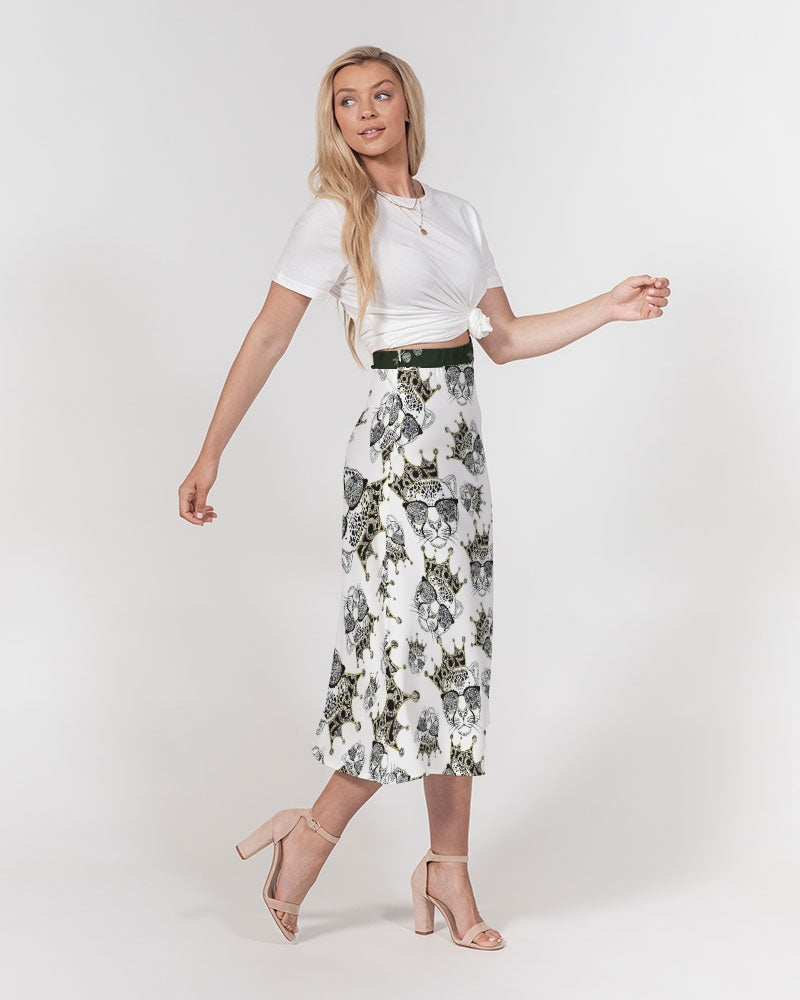 2882Sport™ Tropics Of OZ A-Line Midi Skirt featuring a vibrant lion print, thick waistband, and flowy chiffon fabric.