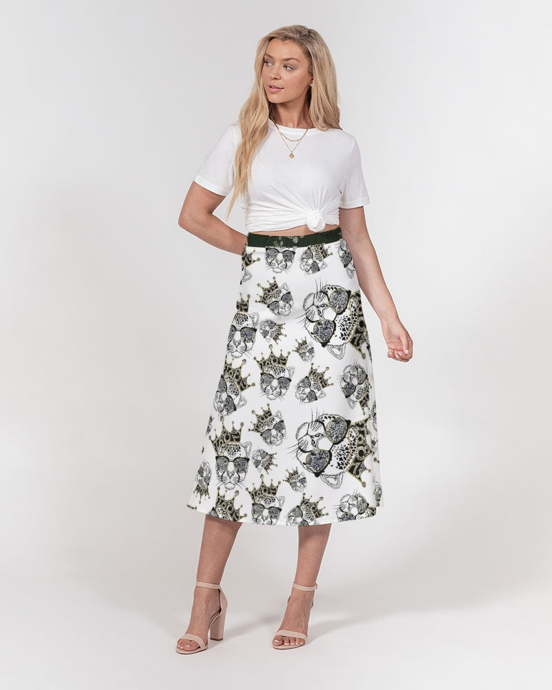 2882Sport™ Tropics Of OZ A-Line Midi Skirt featuring a vibrant lion print, thick waistband, and flowy chiffon fabric.