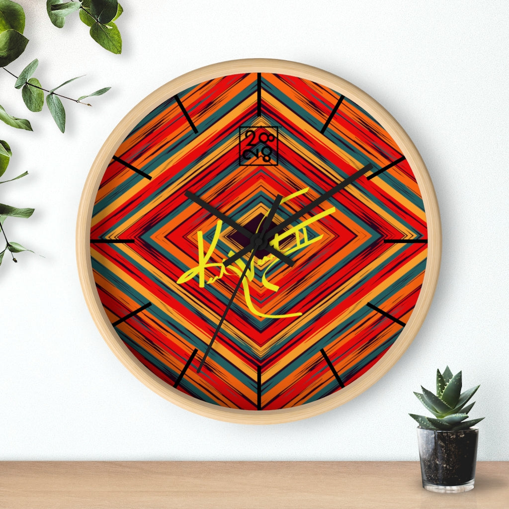 2882Time™ Boho Tribe Diamond Stripe Geometric Clock with wooden frame and plexiglass face, showcasing a unique geometric design.