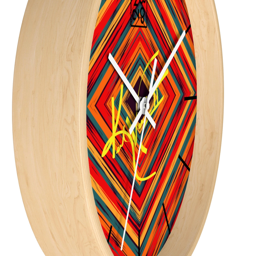 2882Time™ Boho Tribe Diamond Stripe Geometric Clock with wooden frame and plexiglass face, showcasing a unique geometric design.