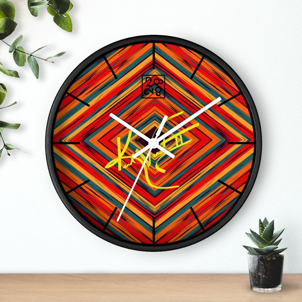 2882Time™ Boho Tribe Diamond Stripe Geometric Clock with wooden frame and plexiglass face, showcasing a unique geometric design.