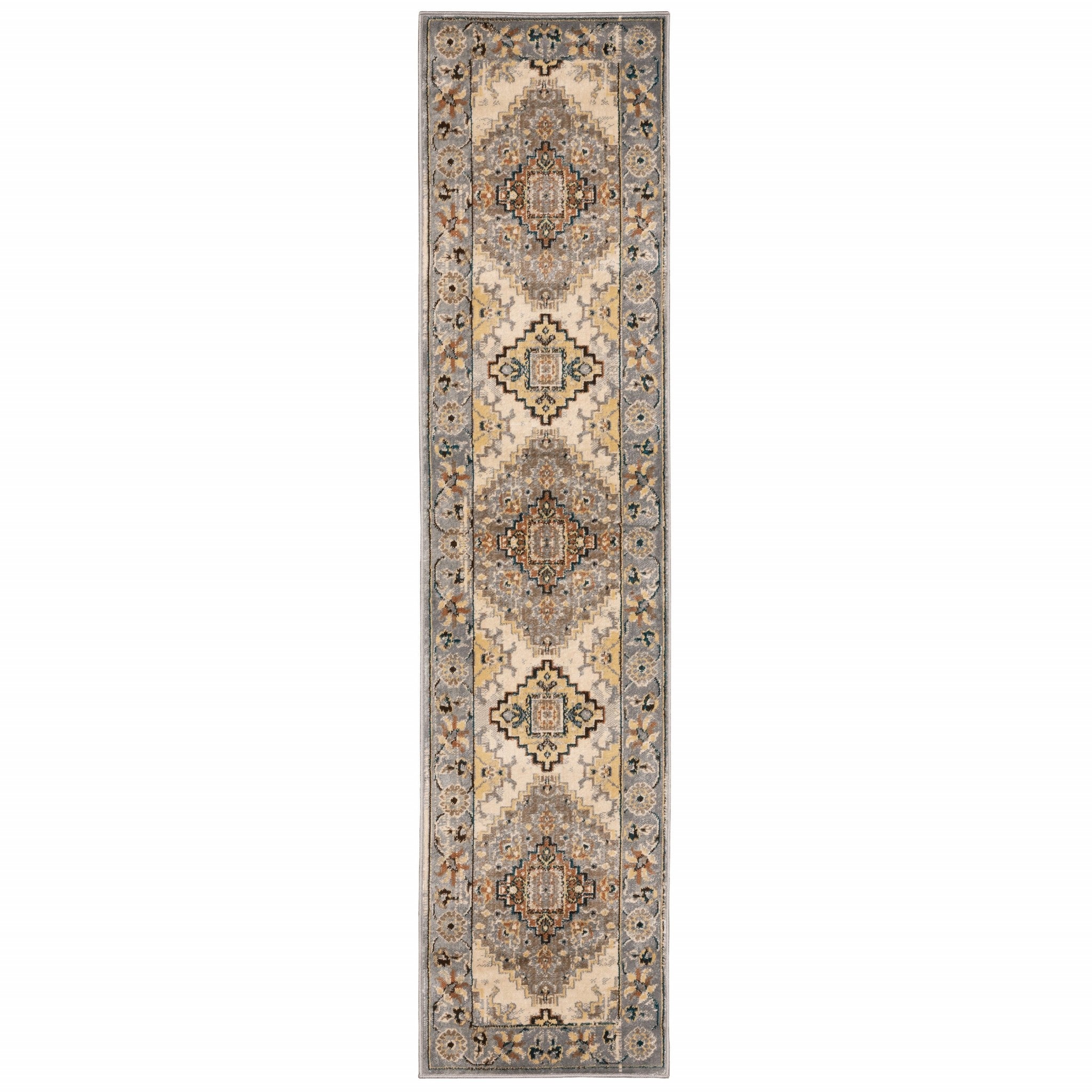 Gray and Beige Aztec Pattern Runner Rug featuring intricate floral and diamond motifs on a trout gray base, perfect for adding warmth to any indoor space.