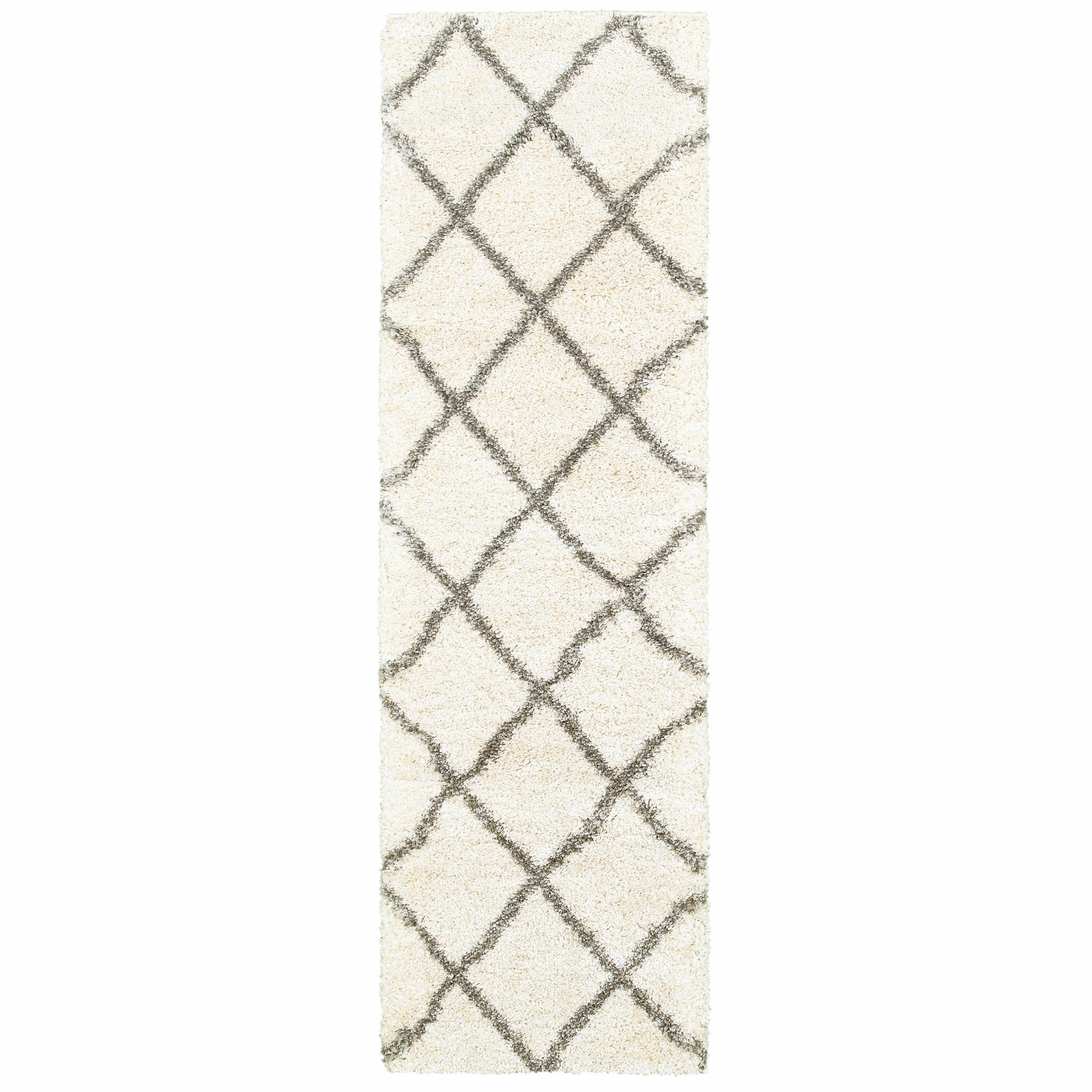 Ivory and gray geometric lattice runner rug with a modern design, featuring a soft texture and durable construction, perfect for contemporary living spaces.